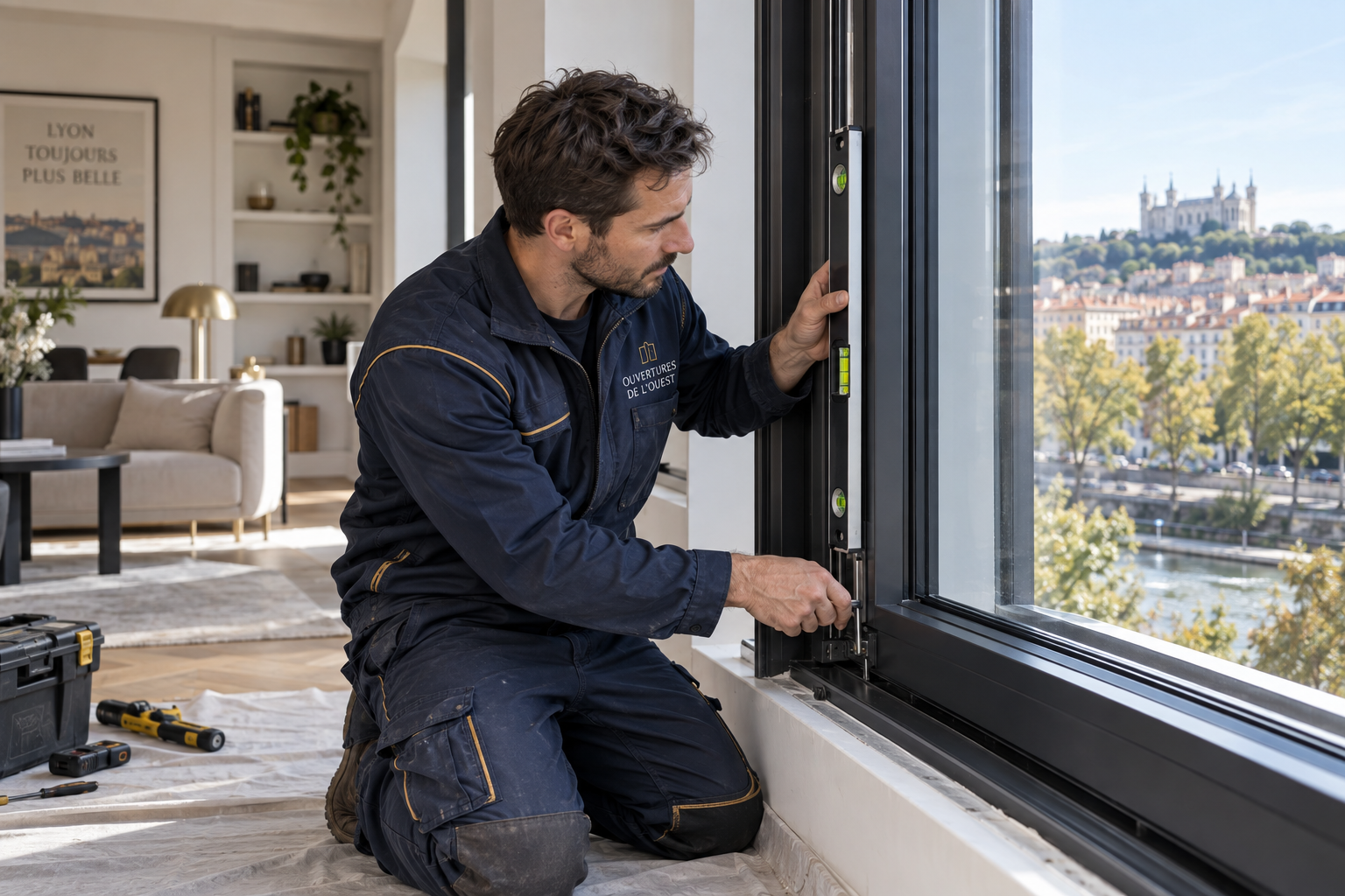 Technicien Ouvertures de l’Ouest posant une menuiserie aluminium